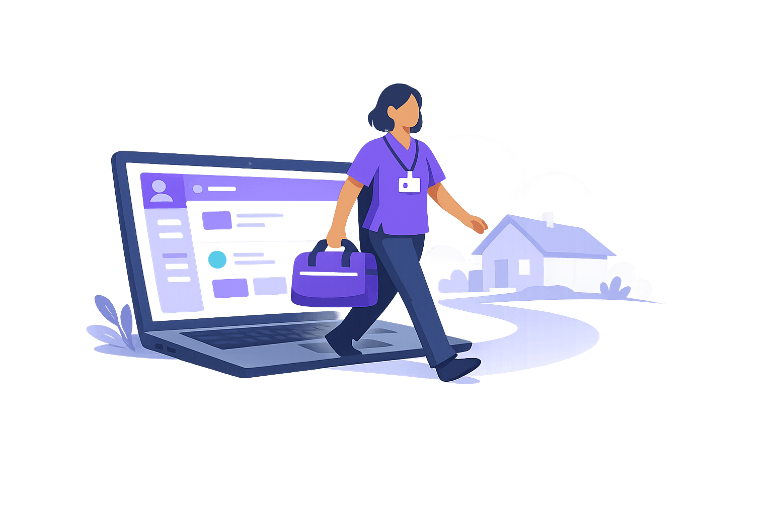 Illustration of a mobile therapist stepping out of a laptop screen, bridging real-world healthcare with the Home Visit Network platform